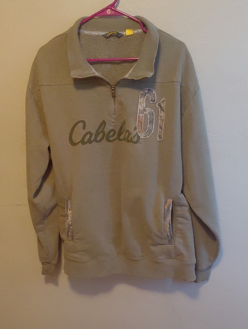 Cabela's Olive Green Zip-Front Pullover Sweater with '61 Logo
